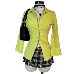 Bright Yellow Fitted Stretchy Collar Button Down Shirt XSmall Y2K